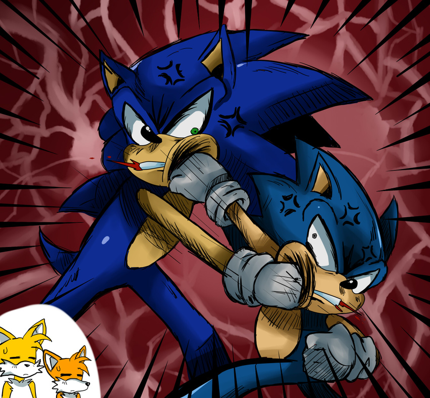 =_=" abstract_background angry blood blue_fur canine fight fox fur green_eyes group hedgehog male mammal miles_prower sega sonic_(series) sonic_generations sonic_the_hedgehog square_crossover sssonic2 sweat sweatdrop