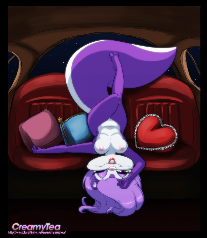breasts car creamytea female fifi_la_fume fluffy_tail fur hair lipstick looking_at_viewer mammal nipples nude one_eye_closed pinup pose purple_fur purple_hair skunk solo tiny_toon_adventures tiny_toons upside_down warner_brothers