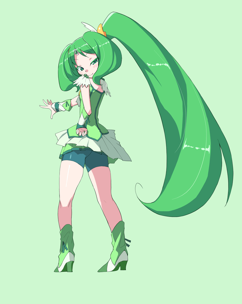 absurdres big_hair bike_shorts colored_eyelashes cure_march green green_background green_eyes green_hair green_shorts green_skirt highres long_hair looking_at_viewer looking_back magical_girl midorikawa_nao ponytail precure shorts shorts_under_skirt simple_background skirt smile_precure! smirk solo squinting tanaka_ahiru tri_tails