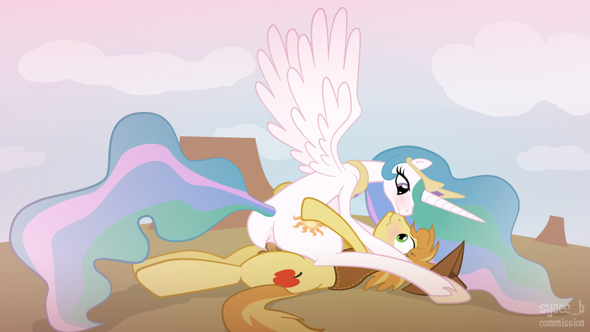 blush braeburn_(mlp) butt cowgirl_position crown cutie_mark day equine female feral friendship_is_magic hat horn horse male mammal mane my_little_pony on_top outside penetration pony princess_celestia_(mlp) pussy sex straddling straight syoee_b tail vaginal vaginal_penetration wing_boner winged_unicorn wings