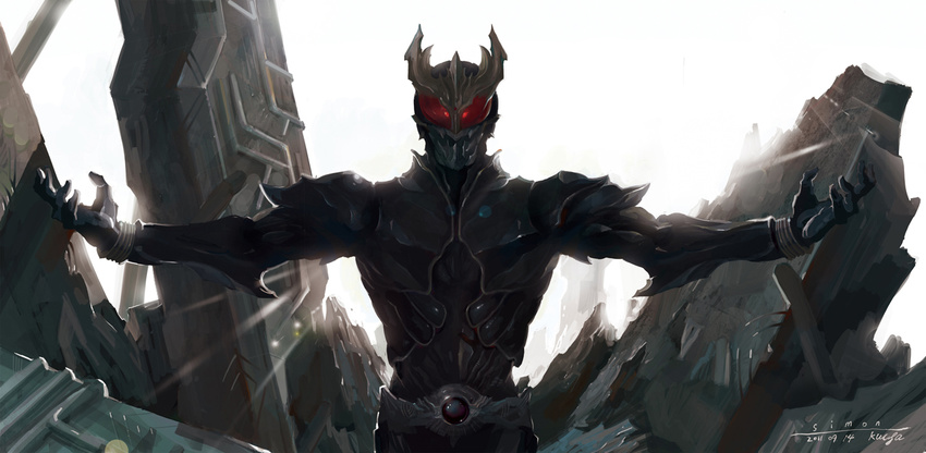 belt horns kamen_rider kamen_rider_kuuga kamen_rider_kuuga_(series) male_focus outstretched_arms red_eyes simon_(sinom0909) solo spread_arms