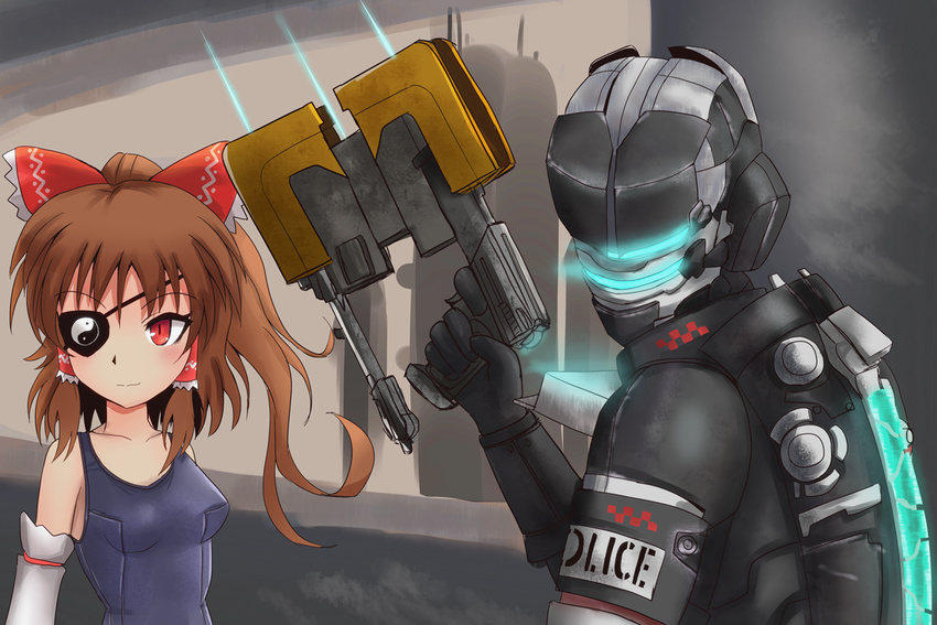 armor bow brown_hair crossover dead_space eyepatch gun hair_bow hair_tubes hakurei_reimu helmet isaac_clarke red_eyes spacesuit swimsuit touhou weapon