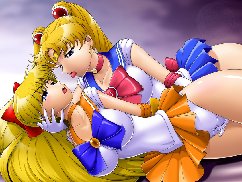 aino_minako bishoujo_senshi_sailor_moon blonde_hair circlet double_bun long_hair onoe sailor_moon sailor_venus tongue tongue_out tsukino_usagi yuri