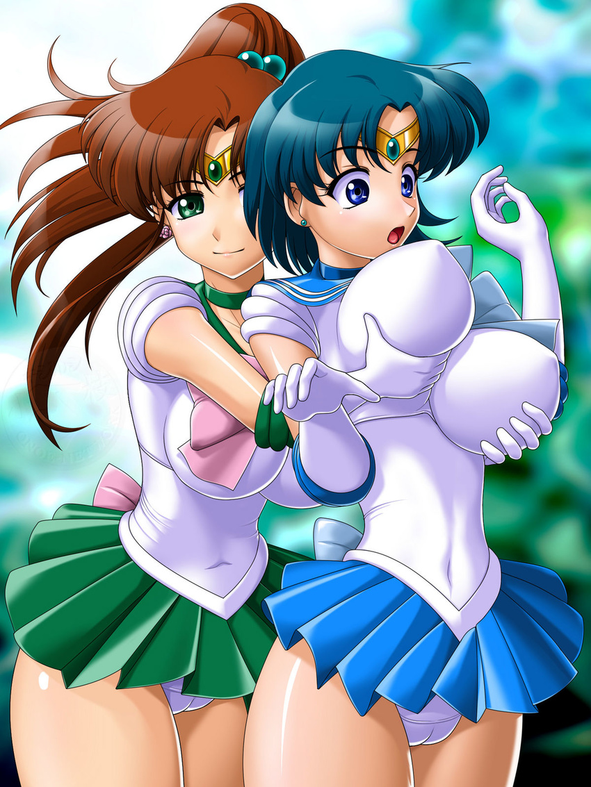 bishoujo_senshi_sailor_moon blue_eyes blue_hair breast_grab breasts brown_hair cameltoe gloves grabbing green_eyes highres kino_makoto large_breasts mizuno_ami onoe ponytail sailor_jupiter sailor_mercury smile tiara