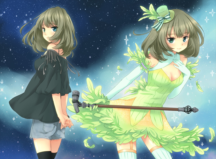 alternate_legwear arms_behind_back bare_shoulders black_legwear blue_eyes breasts cleavage dress dual_persona eyebrows_visible_through_hair feathers fringe_trim gloves gothic_lolita green_dress grey_hair hat hato37 heterochromia idolmaster idolmaster_cinderella_girls lime_green_feather lolita_fashion looking_at_viewer medium_breasts mole mole_under_eye night night_sky shorts sky smile star takagaki_kaede thighhighs top_hat walking_stick white_gloves white_legwear