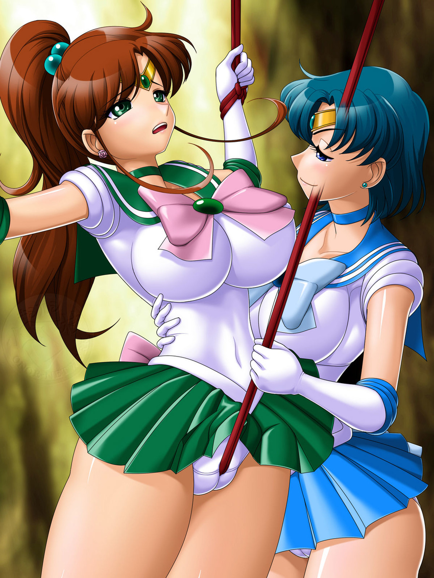 2girls bdsm bishoujo_senshi_sailor_moon bondage bound breast_bondage breasts cameltoe crotch_rope highres huge_breasts kino_makoto mizuno_ami multiple_girls onoe rope sailor_jupiter sailor_mercury smile tight tight_clothes yuri