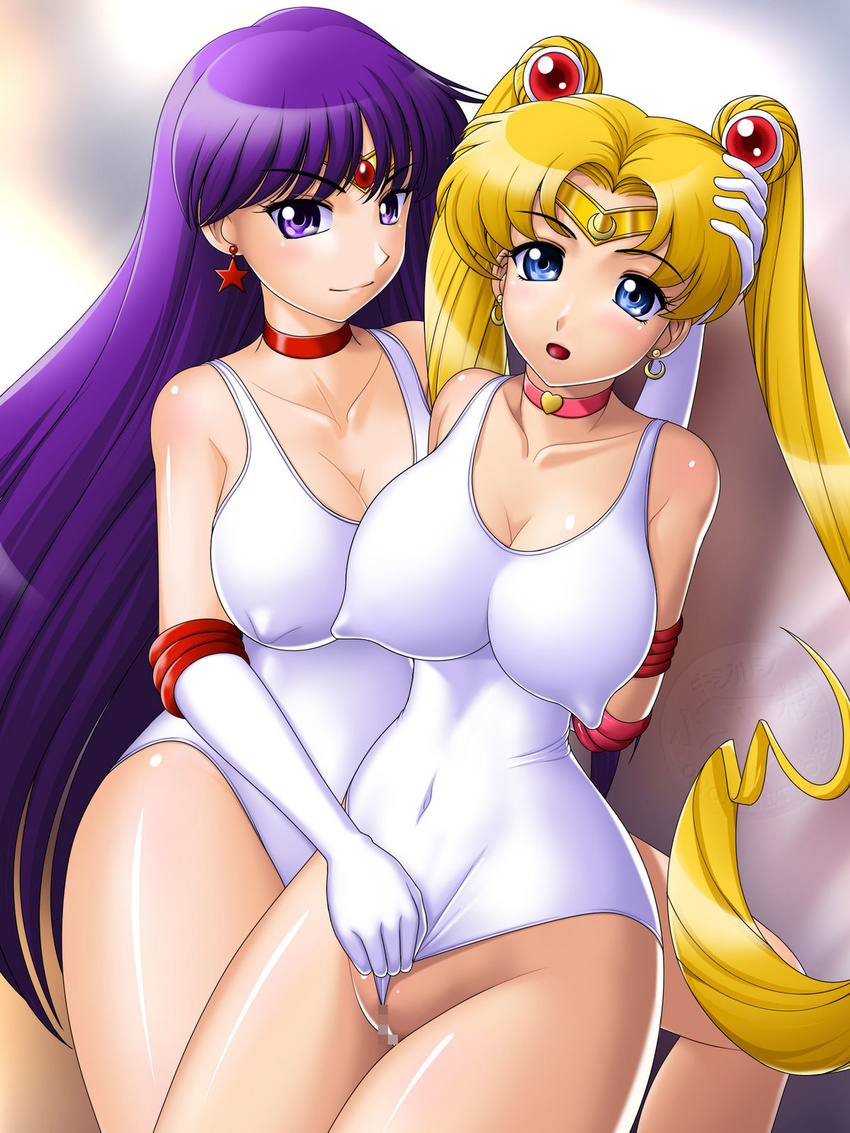 bishoujo_senshi_sailor_moon black_hair blonde_hair breasts cameltoe censored double_bun erect_nipples fingering highres hino_rei leotard long_hair onoe sailor_mars sailor_moon tsukino_usagi yuri