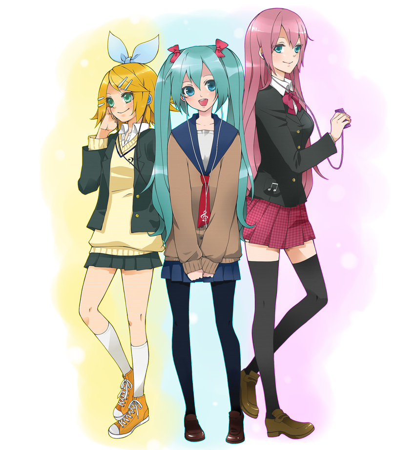 3girls alternate_costume alternate_outfit black_legwear blazer blonde_hair contemporary digital_media_player earbuds earphones female footwear hatsune_miku headphones highres kagamine_rin long_hair megurine_luka mp3_player multiple_girls pantyhose pink_hair school_uniform shoes short_hair skirt sneakers socks sweater thighhighs twintails uniform vocaloid