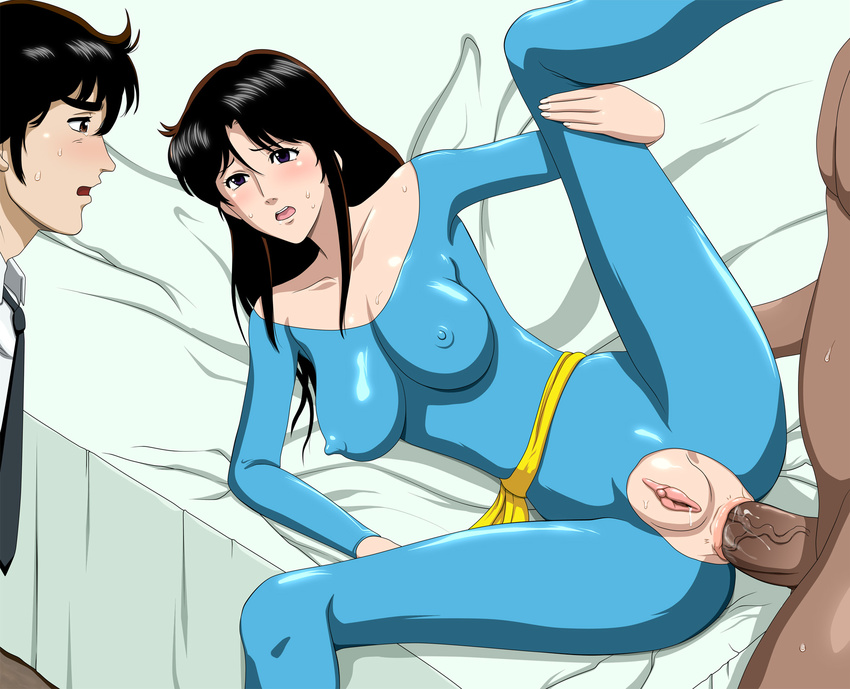 1girl 80s anal bed black_eyes black_hair blush cat's_eye cat's_eye cheating circle_anco clitoris clothed_female_nude_male crotchless dark-skinned_male dark_skin erect_nipples highres kisugi_hitomi legs_up long_hair lying necktie no_bra no_panties oldschool on_side open_mouth penis puffy_nipples pussy sex short_hair skin_tight solo_focus spread_legs sweat torn_clothes uncensored utsumi_toshio