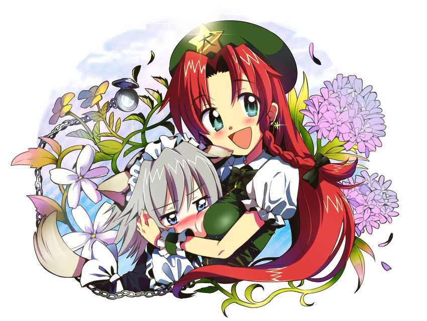 animal_ears beret blue_eyes blush bow braid breasts chain chibi dog_ears dog_tail earrings expressive_clothes flower green_eyes hair_bow hat highres hong_meiling hug inu_sakuya izayoi_sakuya jewelry long_hair maid maid_headdress medium_breasts multiple_girls open_mouth petals pocket_watch red_hair short_hair silver_hair skirt smile star stopwatch tail torisuke_(koinohito) touhou twin_braids watch wolf_ears wolf_tail wrist_cuffs