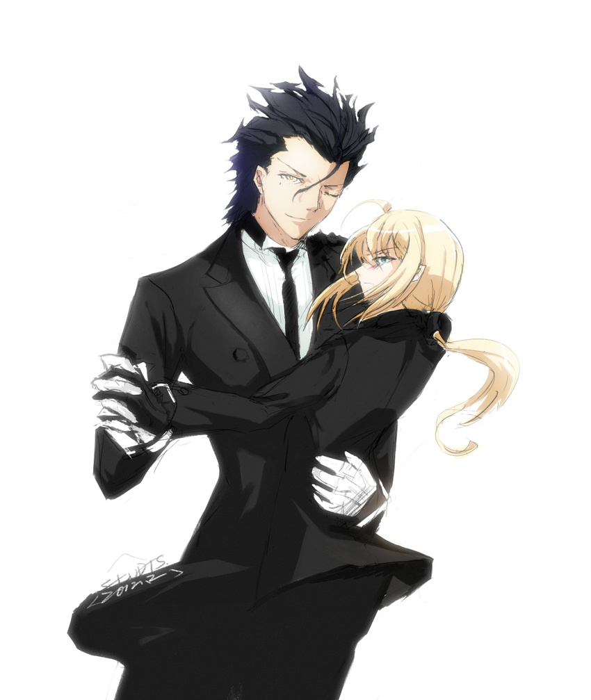 1girl ahoge artoria_pendragon_(all) bad_id bad_pixiv_id blonde_hair dancing fate/zero fate_(series) formal gloves green_eyes highres holding_hands lancer_(fate/zero) long_hair mole mole_under_eye one_eye_closed pant_suit ponytail saber signature stu_dts suit tuxedo white_gloves yellow_eyes