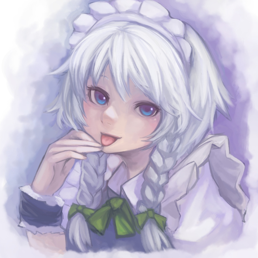 :p ascot blue_eyes braid bukimi_isan face hand_to_own_mouth head_tilt highres izayoi_sakuya looking_at_viewer maid maid_headdress solo tongue tongue_out touhou twin_braids upper_body white_hair wristband