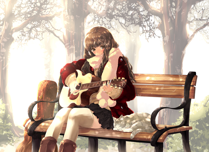 acoustic_guitar ayase_non bench boots brown_eyes brown_hair cat closed_eyes coat guitar guitar_case hair_ribbon highres instrument instrument_case light_rays long_hair music original playing_instrument pom_pom_(clothes) ribbon scarf sitting skirt smile solo sunbeam sunlight thighhighs tree white_legwear winter_clothes winter_coat zettai_ryouiki