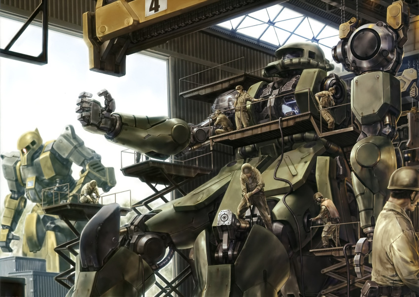 engineer gundam hangar helmet highres mecha mobile_suit_gundam no_humans realistic science_fiction tenjin_hidetaka war zaku zaku_i zaku_ii_f/j zeon