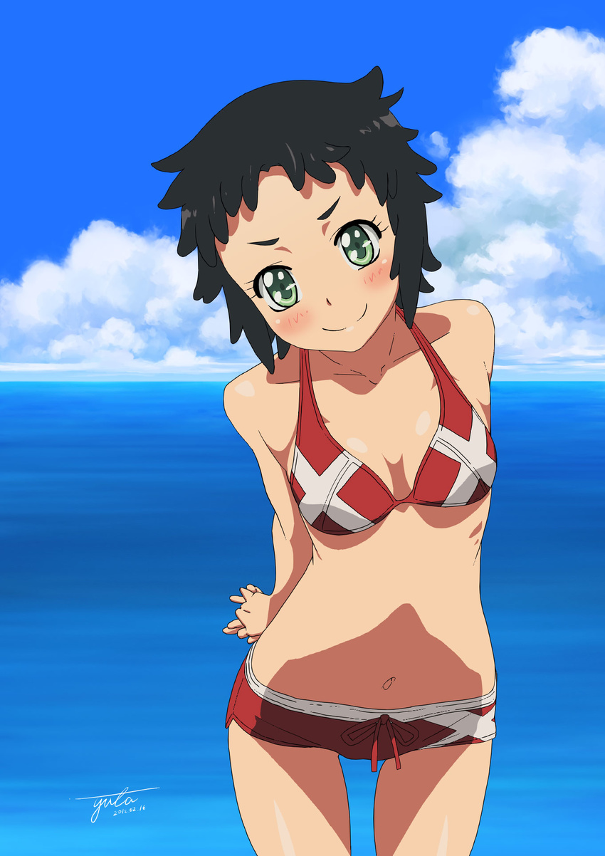 ano_natsu_de_matteru arisawa_chiharu bad_id bad_pixiv_id bikini black_hair blush breasts cleavage cloud collarbone dated day green_eyes highres looking_at_viewer medium_breasts midriff navel ocean s-yuta short_hair signature sky smile solo swimsuit thigh_gap