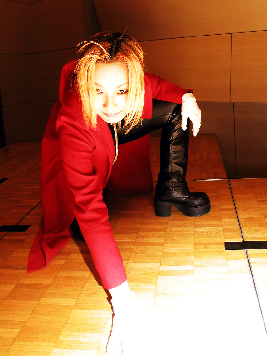 blonde_hair boots cosplay edward_elric fullmetal_alchemist highres overcoat photo rui_(model)