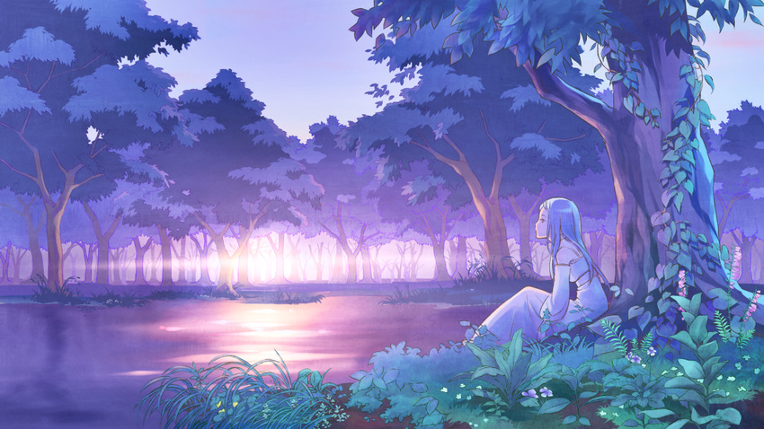 blue_hair detached_sleeves dress flower flower_request forest foxglove grass lake landscape lens_flare long_hair long_image nature original outdoors peso_(pesoka) purple reflection river scenery sitting sky solo sun tree water white_dress wide_image