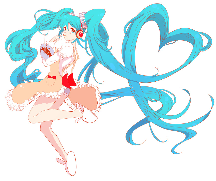 absurdres animal_slippers apron aqua_eyes aqua_hair bowl bunny_slippers dress full_body gino0808 hatsune_miku headphones heart highres long_hair scrunchie slippers solo tongue transparent_background twintails very_long_hair vocaloid whisk