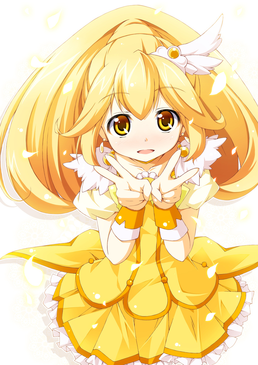 blonde_hair cure_peace double_v hair_flaps highres kanzaki_sora kise_yayoi long_hair magical_girl petals ponytail precure ribbon skirt smile_precure! solo v wide_ponytail wrist_cuffs yellow yellow_eyes yellow_skirt