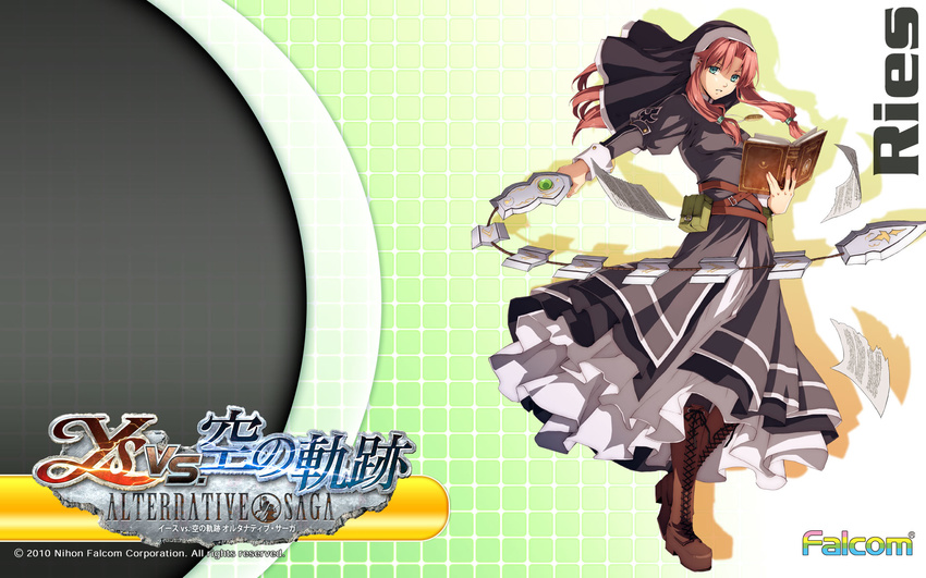 2010 belt black_dress book boots character_name company_name copyright_name dress eiyuu_densetsu enami_katsumi full_body green_eyes highres logo long_hair nun official_art red_hair ries_argent sidelocks solo sora_no_kiseki veil wallpaper whip_sword ys_vs_sora_no_kiseki_alternative_saga