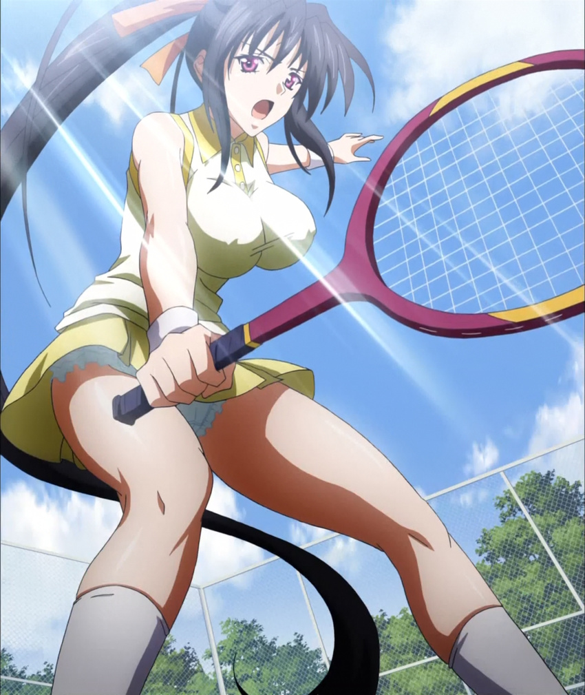 breasts high_school_dxd highres himejima_akeno large_breasts long_hair panties purple_eyes solo stitched underwear upskirt