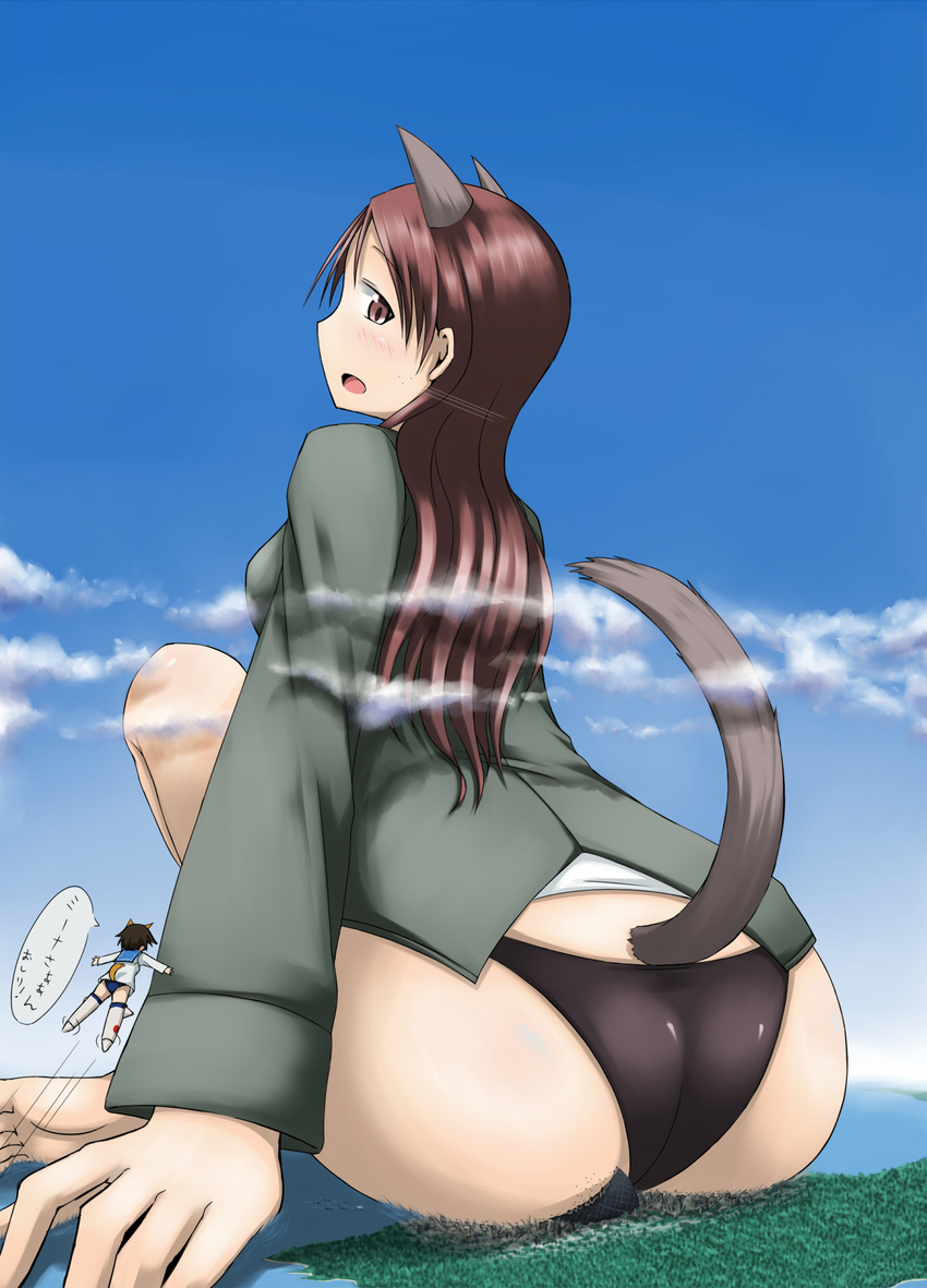 animal_ears ass black_panties blush cloud day destruction giantess highres looking_down minna-dietlinde_wilcke miyafuji_yoshika multiple_girls ocean open_mouth panties red_eyes red_hair shore sitting sky strike_witches tail terada_ochiko translated underwear uniform world_witches_series