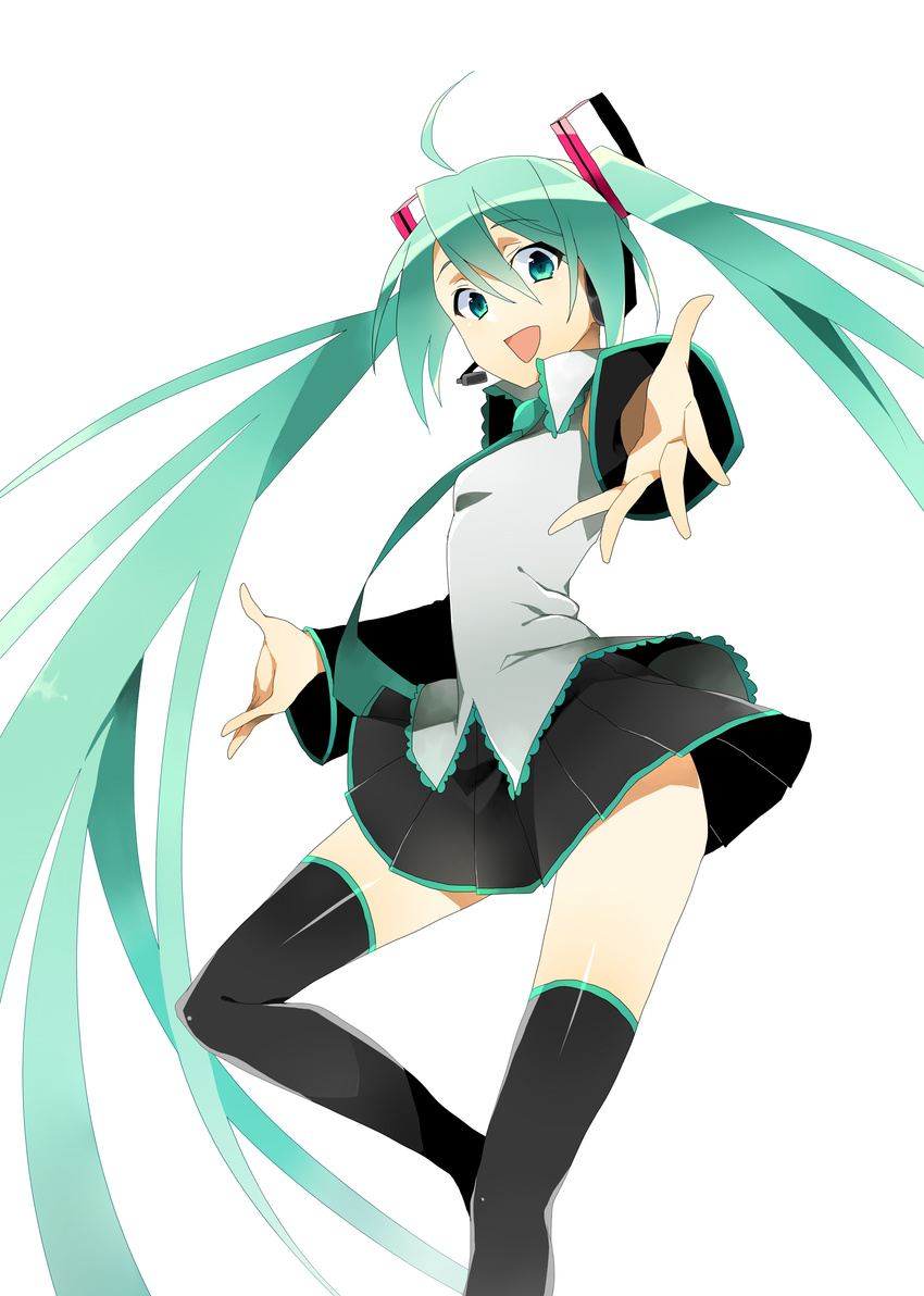 absurdres ahoge catgirl0926 detached_sleeves green_eyes green_hair hatsune_miku headset highres long_hair necktie open_mouth simple_background skirt solo thighhighs twintails very_long_hair vocaloid white_background