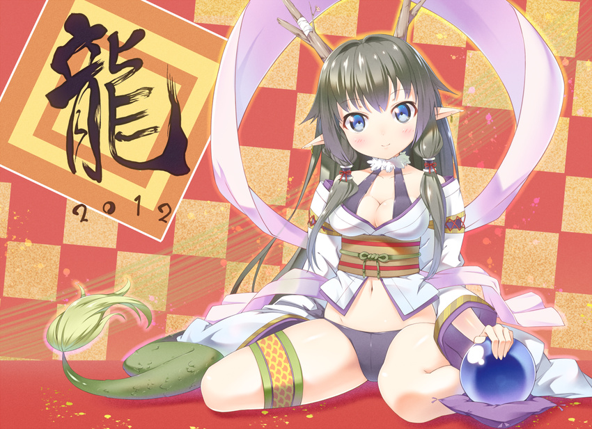 2012 black_hair blue_eyes blush breasts chinese_zodiac cleavage crystal_ball dragon_girl dragon_tail earrings horns ichi_makoto jewelry long_hair looking_at_viewer medium_breasts monster_girl navel new_year obi original panties pointy_ears sash shawl sitting smile solo tail underwear wariza year_of_the_dragon