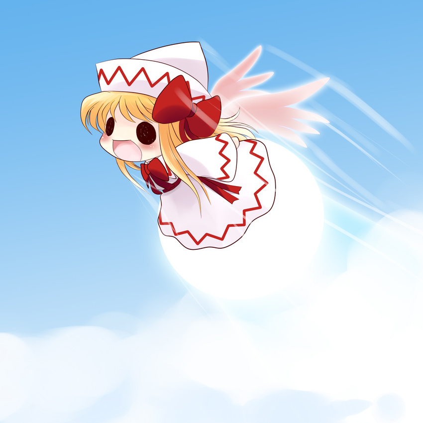 blonde_hair blue_sky blush bow chibi cloud day dress hat hat_ribbon highres lily_white open_mouth ribbon rocket sky smile solid_circle_eyes solo touhou white_dress wings yume_shokunin