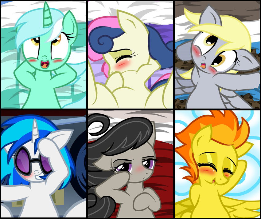 bed blush bonbon_(mlp) derpy_hooves_(mlp) equine eyewear female feral friendship_is_magic glasses group horn horse lyra_(mlp) lyra_heartstrings_(mlp) mammal my_little_pony o_face octavia_(mlp) orgasm pegasus pony pyruvate sex spitfire_(mlp) suggestive unicorn vinyl_scratch_(mlp) wing_boner wings wonderbolts_(mlp)