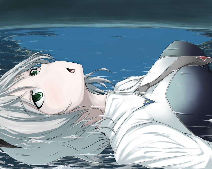 absurdres animal_ears breasts cat_ears city cloud giantess green_eyes grey_hair highres large_breasts lying military military_uniform necktie night night_sky ocean open_mouth sanya_v_litvyak sky solo strike_witches tail terada_ochiko uniform world_witches_series