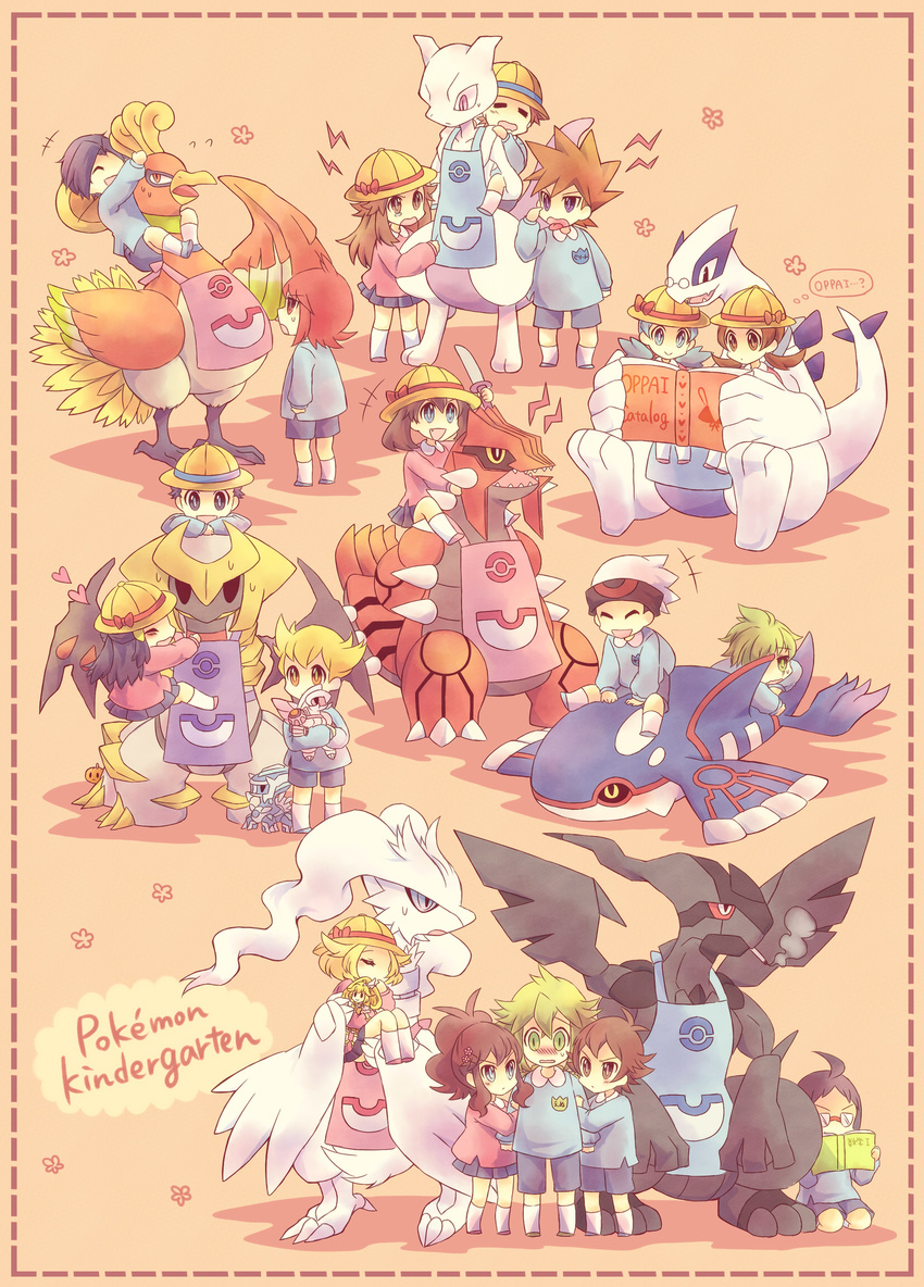 alternate_costume alternate_form apron bad_id bad_pixiv_id bel_(pokemon) black_eyes black_hair blonde_hair blue_(pokemon) blue_eyes blue_hair book brown_eyes brown_hair carrying cheren_(pokemon) child cigarette closed_eyes clothed_pokemon copyright_name crystal_(pokemon) cure_peace dialga everyone fang gen_1_pokemon gen_2_pokemon gen_3_pokemon gen_4_pokemon gen_5_pokemon giratina glasses gold_(pokemon) green_eyes green_hair groudon hair_flaps hair_ornament hairclip haruka_(pokemon) hat heart highres hikari_(pokemon) ho-oh holding holding_book jun_(pokemon) kabocha_torute kindergarten kise_yayoi knife kotone_(pokemon) kouki_(pokemon) kyogre legendary_pokemon long_hair low_twintails lugia mewtwo mitsuru_(pokemon) multiple_boys multiple_girls n_(pokemon) ookido_green open_book open_mouth palkia pokemon pokemon_(creature) pokemon_(game) pokemon_bw pokemon_dppt pokemon_frlg pokemon_gsc pokemon_hgss pokemon_rse ponytail precure purple_eyes reading red_(pokemon) red_(pokemon_frlg) red_eyes red_hair reshiram riding school_hat school_uniform seiza short_hair shorts silver_(pokemon) sitting skirt sleeping smile_precure! smoking socks tears touko_(pokemon) touya_(pokemon) toy twintails white_legwear yellow_eyes younger yuuki_(pokemon) zekrom