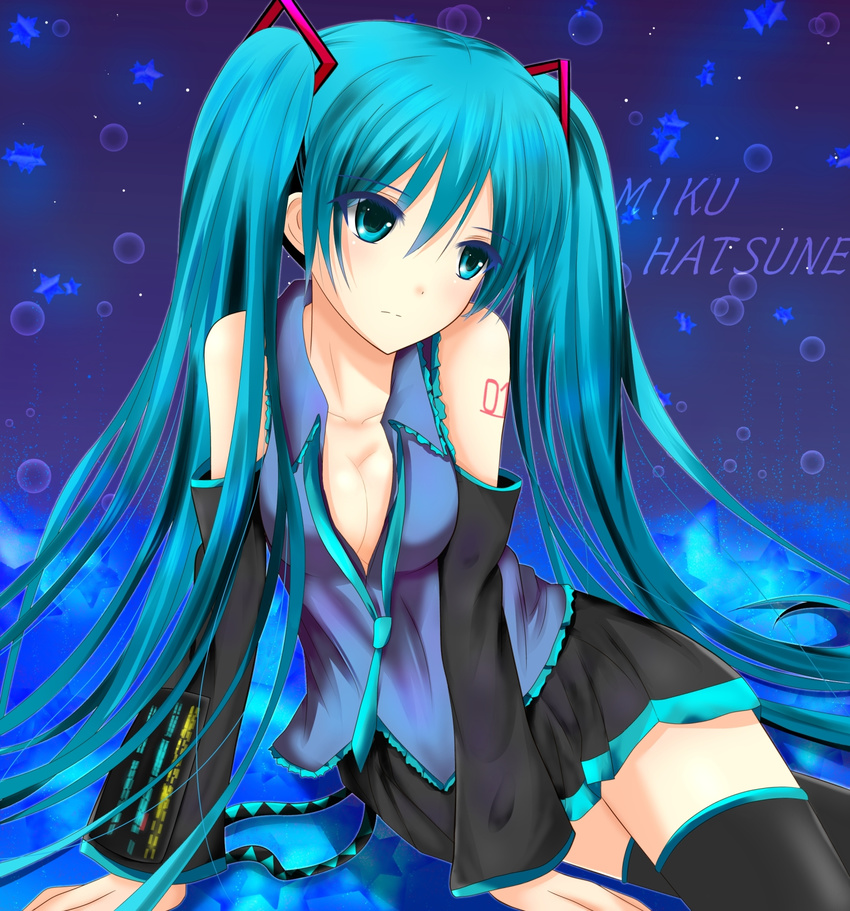 again8120 aqua_eyes aqua_hair breasts character_name cleavage detached_sleeves hatsune_miku highres long_hair necktie sitting skirt small_breasts solo thighhighs twintails very_long_hair vocaloid zettai_ryouiki