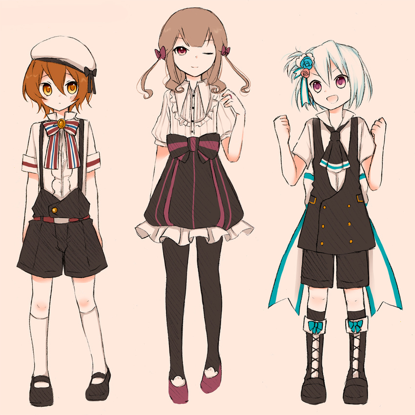 3boys akaimo_satsuma akane_(goma) blush boots bow brown_hair crossdressing crown dress earrings flower formal goma_(11zihisin) hair_bow hair_flower hair_ornament hat highres jewelry kosame_(goma) long_hair male male_focus mary_janes multiple_boys open_mouth original ponytail red_eyes ribbon satsuma_(goma) shoes short_hair shorts side_ponytail simple_background smile solo suspenders trap twintails vest white_hair wink yellow_eyes