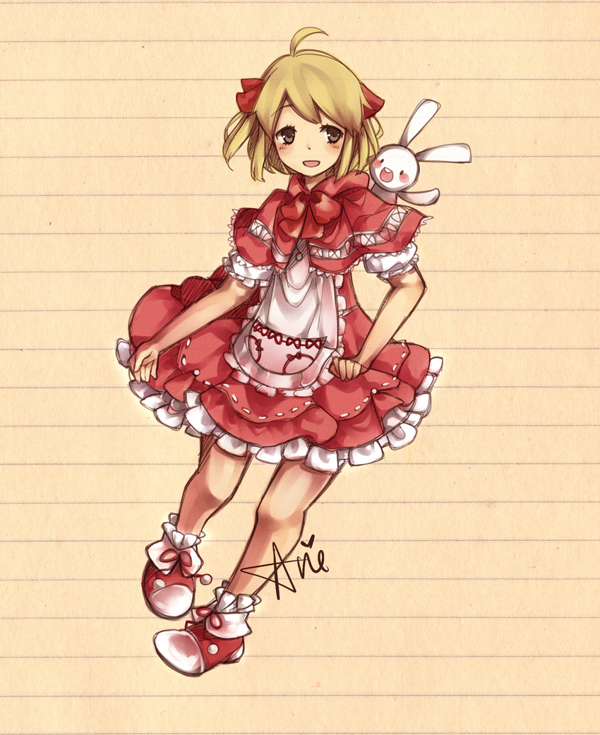 ahoge apron arie_(lovelipop) bad_id bad_pixiv_id blonde_hair bobby_socks bow curtsey frilled_apron frills full_body grey_eyes highres polka_(trusty_bell) red_skirt ribbon sepia_background shawl shoes short_hair skirt smile socks solo trusty_bell younger