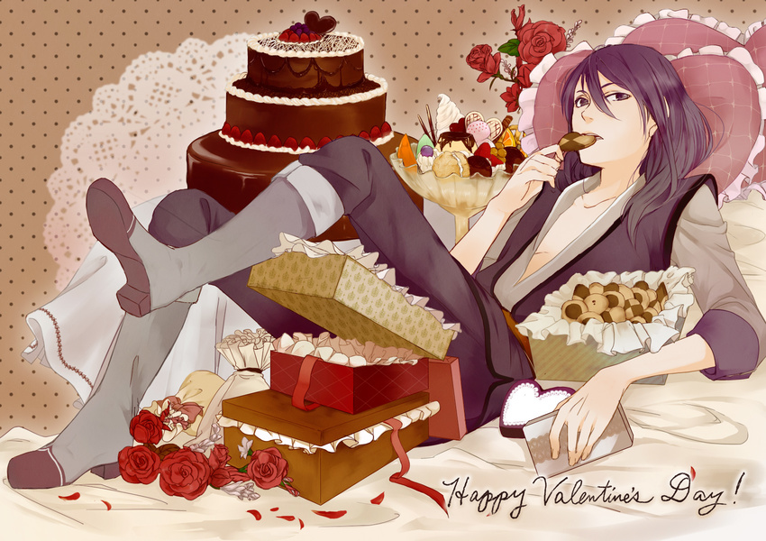 bad_id bad_pixiv_id black_eyes black_hair boots box brown_background cake checkerboard_cookie chocolate chocolate_cake chocolate_heart coat cookie dessert doily flower food fruit full_body gift gift_bag gift_box grey_footwear heart heart-shaped_box heart-shaped_food highres knee_boots long_hair male_focus orange pants pocky polka_dot polka_dot_background pudding red_flower red_rose ribbon rose solo strawberry tales_of_(series) tales_of_vesperia tokimura_(cuore) valentine yuri_lowell