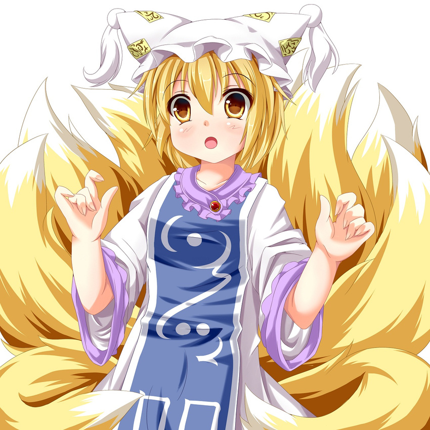 arms_up bad_id bad_pixiv_id blonde_hair blush dress fox_tail hat highres kmkm9696 multiple_tails ofuda open_mouth solo tabard tail touhou white_dress yakumo_ran yellow_eyes
