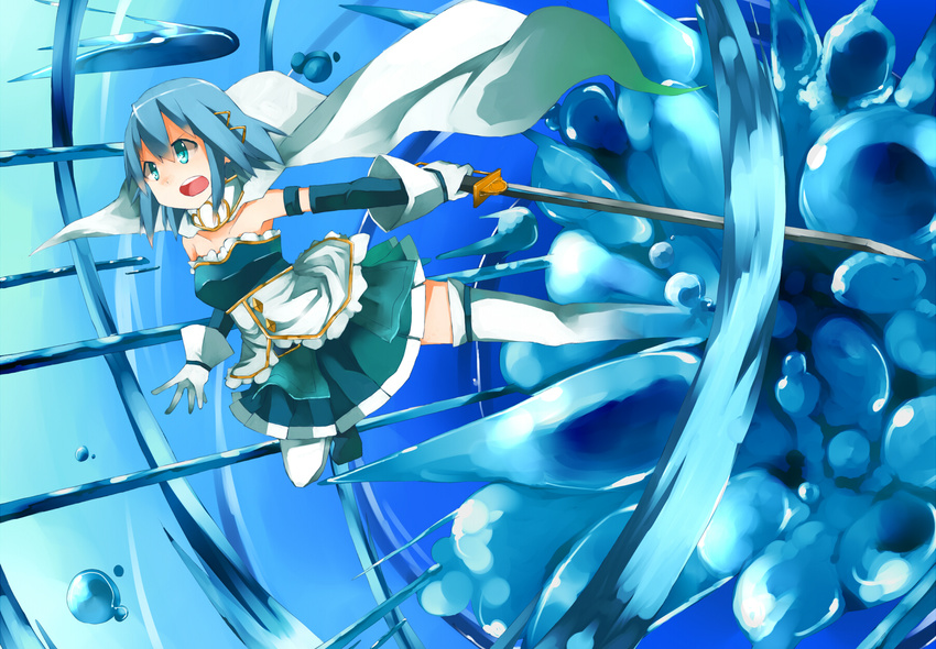 action attack blue_eyes blue_hair cape detached_sleeves gloves hair_ornament hairclip highres hydrokinesis mahou_shoujo_madoka_magica miki_sayaka open_mouth skirt solo soudayu sword thighhighs water weapon white_gloves white_legwear zettai_ryouiki