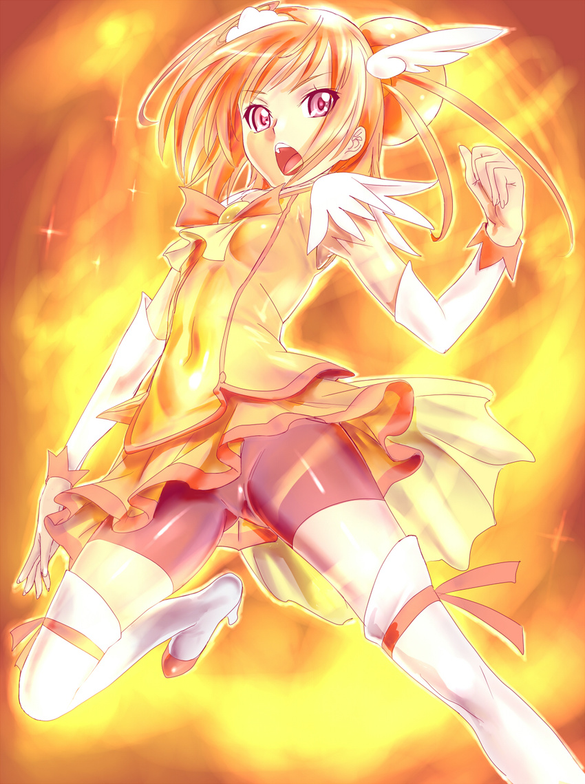 bad_id bad_pixiv_id bike_shorts cure_sunny dodai_shouji fiery_background fire highres hino_akane_(smile_precure!) magical_girl orange_(color) orange_skirt precure red_hair red_shorts shorts shorts_under_skirt skirt smile_precure! solo