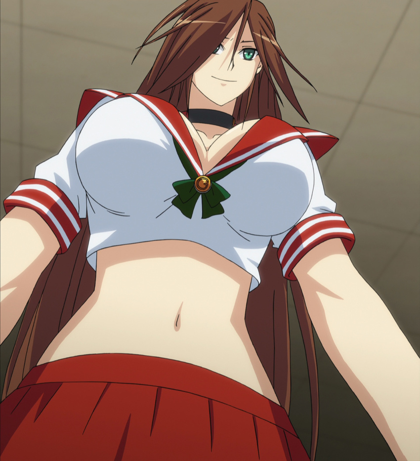 breasts brown_hair from_below green_eyes highres large_breasts long_hair nyx queen's_blade queen's_blade school_uniform smile
