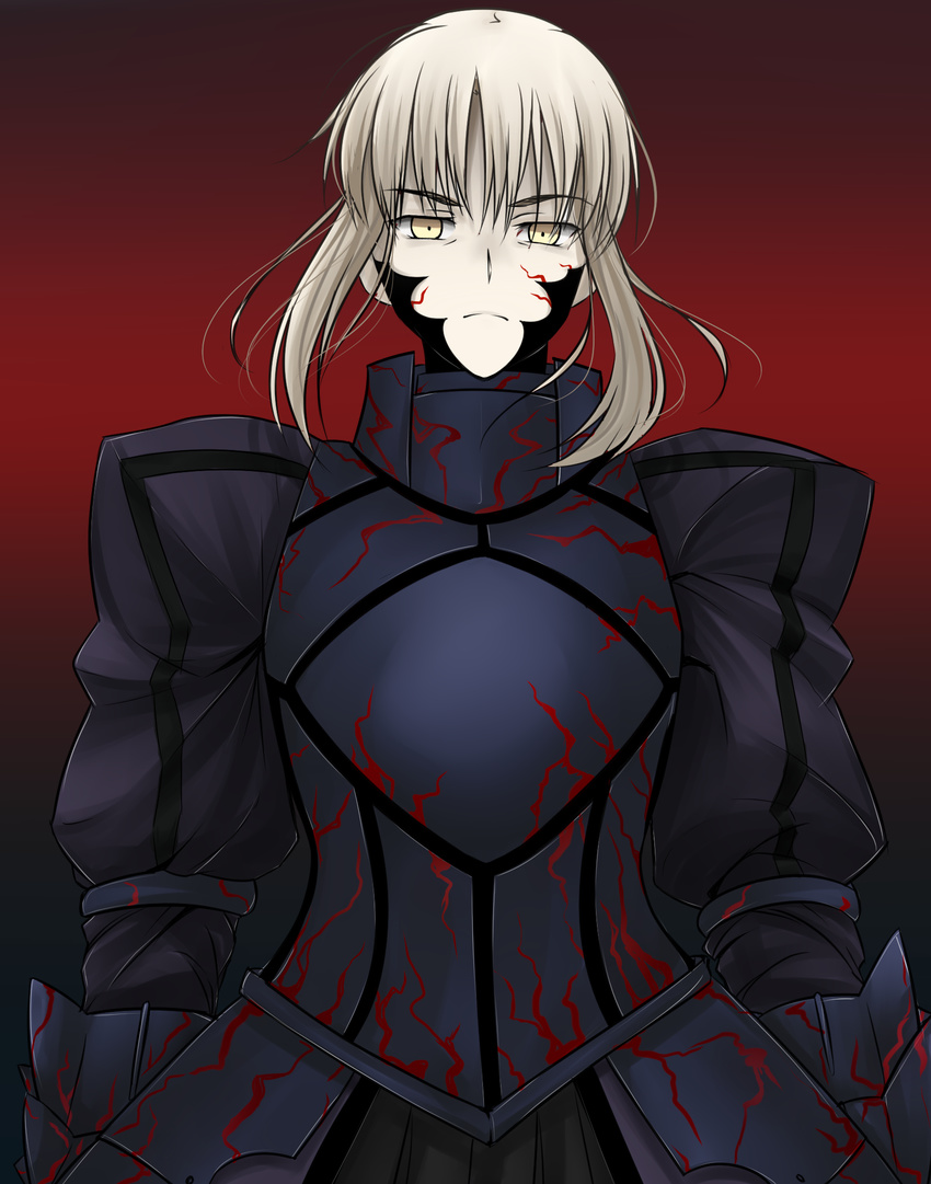 armor armored_dress artoria_pendragon_(all) black_armor blonde_hair dress fate/stay_night fate_(series) highres pale_skin puffy_sleeves saber_alter sidelocks solo tusia white_hair yellow_eyes