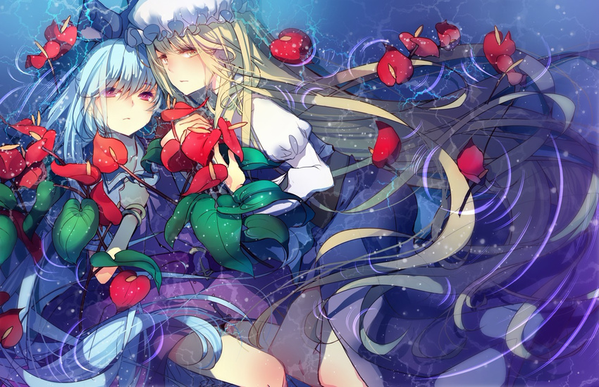 blonde_hair blue_hair bow bracelet flower hair_bow hand_on_own_chest hat jewelry leaf long_hair looking_at_viewer multiple_girls nicohi partially_submerged plant ponytail puffy_sleeves red_eyes skirt touhou very_long_hair watatsuki_no_toyohime watatsuki_no_yorihime water yellow_eyes