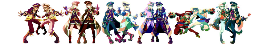 absurdres alternate_costume alternate_outfit blonde_hair blue_eyes boots cigar flower gline gloves gold_eyes green_eyes grey_hair hand_holding hat highres hold_out_hand jumping kudari_(pokemon) long_image looking_at_viewer male male_focus midriff nobori_(pokemon) outstretched_arm pok&eacute;ball poke_ball pokemon pokÃ©ball red_eyes rose siblings smoking twins wide_image yellow_eyes