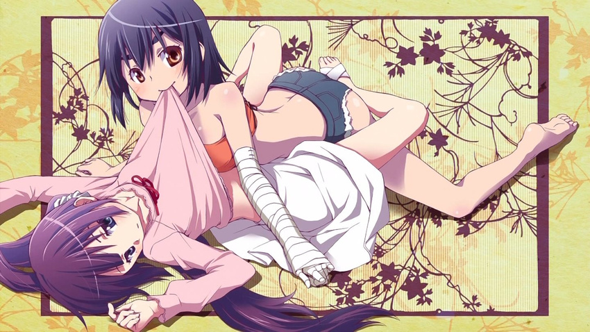 akemi_homura aoki_ume bakemonogatari bandages bare_shoulders barefoot black_hair blue_eyes blue_hair blush brown_hair butt_crack company_connection cosplay creator_connection cutoffs denim denim_shorts end_card eyebrows hair_ornament hairclip jpeg_artifacts kanbaru_suruga kanbaru_suruga_(cosplay) long_hair looking_at_viewer mahou_shoujo_madoka_magica miki_sayaka monogatari_(series) mouth_hold multiple_girls nisemonogatari parody purple_eyes purple_hair saitou_chiwa screencap seiyuu_connection senjougahara_hitagi senjougahara_hitagi_(cosplay) short_hair short_shorts shorts strapless thick_eyebrows third-party_edit tubetop yuri