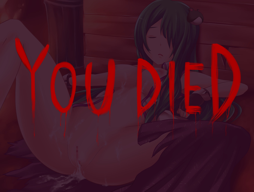 after_sex bad_end bad_id bad_pixiv_id breasts censored closed_eyes cum cum_in_pussy cum_on_body cum_on_clothes cum_on_lower_body cum_on_upper_body cumdrip fingerless_gloves fire gloves green_hair hair_ornament highres kochiya_sanae lying medium_breasts mosaic_censoring nipples no_bra no_panties open_clothes open_shirt parody resident_evil shirt solo torn_clothes touhou trash_can yoshimo