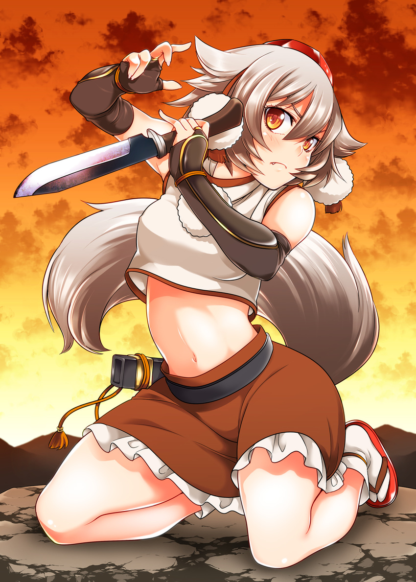 animal_ears armor elbow_gloves fang fingerless_gloves gloves hat highres hill holding holding_knife inubashiri_momiji japanese_armor kneeling knife kote looking_at_viewer midriff navel orange_eyes pom_pom_(clothes) red_eyes reverse_grip sandals scabbard sheath silver_hair skirt sky solo tabi tail tassel tokin_hat touhou twilight uousa-ou wolf_ears wolf_tail