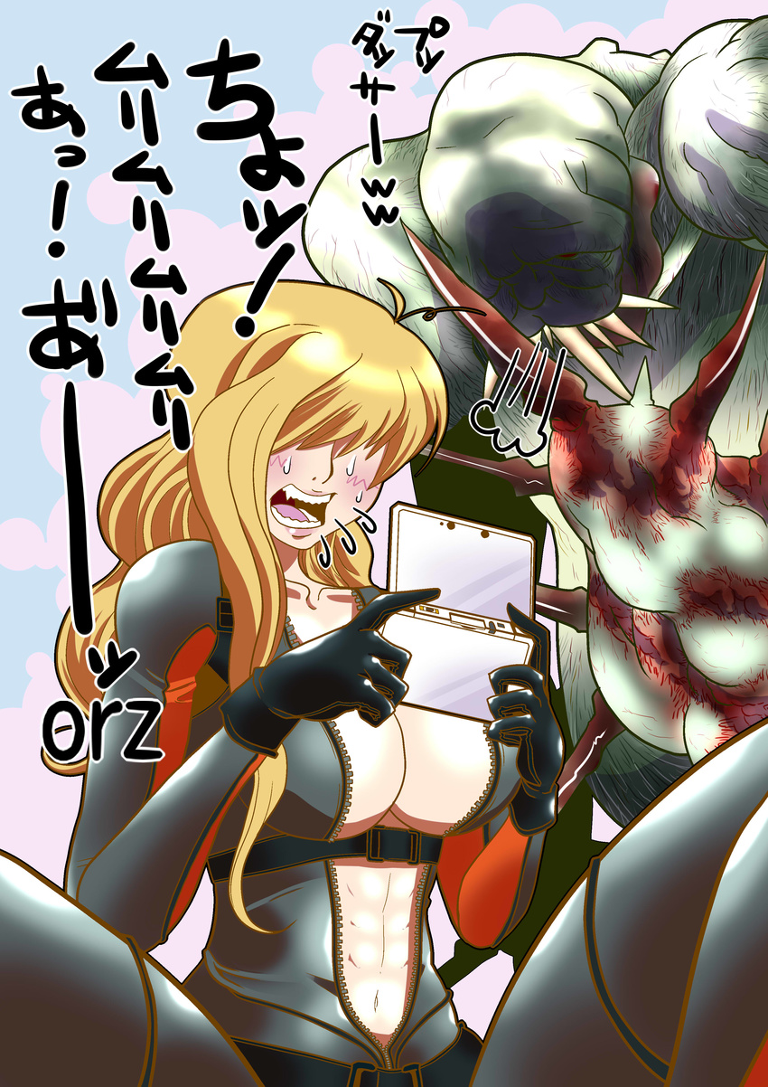 absurdres birdsong blonde_hair blush bodysuit breasts cleavage collarbone gloves hair_over_eyes handheld_game_console highres large_breasts nintendo_3ds playing_games rachael_foley resident_evil resident_evil_revelations translation_request
