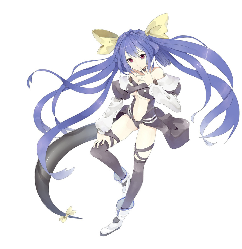 bare_shoulders black_legwear blue_hair blush bow breasts choker detached_sleeves dizzy guilty_gear hair_bow highres long_hair medium_breasts midriff navel red_eyes ribbon snowflyer solo tail tail_ribbon thighhighs