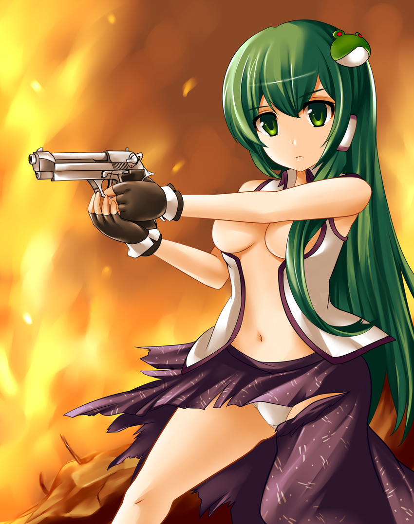 bad_id bad_pixiv_id breasts fingerless_gloves fire gloves green_eyes green_hair gun hair_ornament hair_over_breasts highres kochiya_sanae long_hair medium_breasts navel no_bra open_clothes open_shirt panties shirt solo torn_clothes touhou underwear weapon white_panties yoshimo