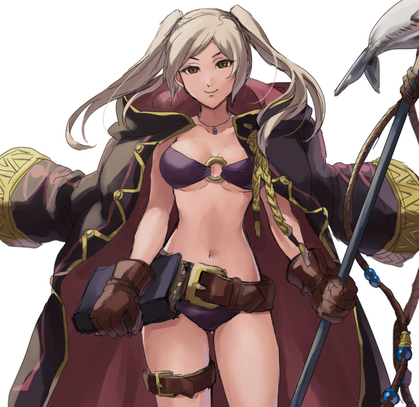 1girl belt bikini book breasts brown_eyes brown_gloves cleavage cloak cowboy_shot female_my_unit_(fire_emblem:_kakusei) fire_emblem fire_emblem:_kakusei fire_emblem_heroes fish gloves harpoon highres jewelry kometubu0712 leather leather_gloves long_hair looking_at_viewer medium_breasts my_unit_(fire_emblem:_kakusei) navel necklace nintendo o-ring o-ring_bikini purple_bikini silver_hair simple_background smile solo swimsuit thigh_strap twintails white_background